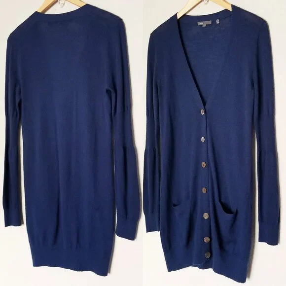 Vince 100% Cashmere V Neck Longline Cardigan S Lightweight Blue Button Pockets - Picture 14 of 16